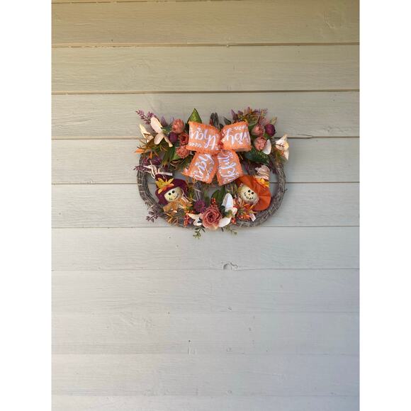 Fall Pumpkin Bamboo Wreath with Scarecrows, Thankful Bow & Autumn Florals - Picture 8 of 9